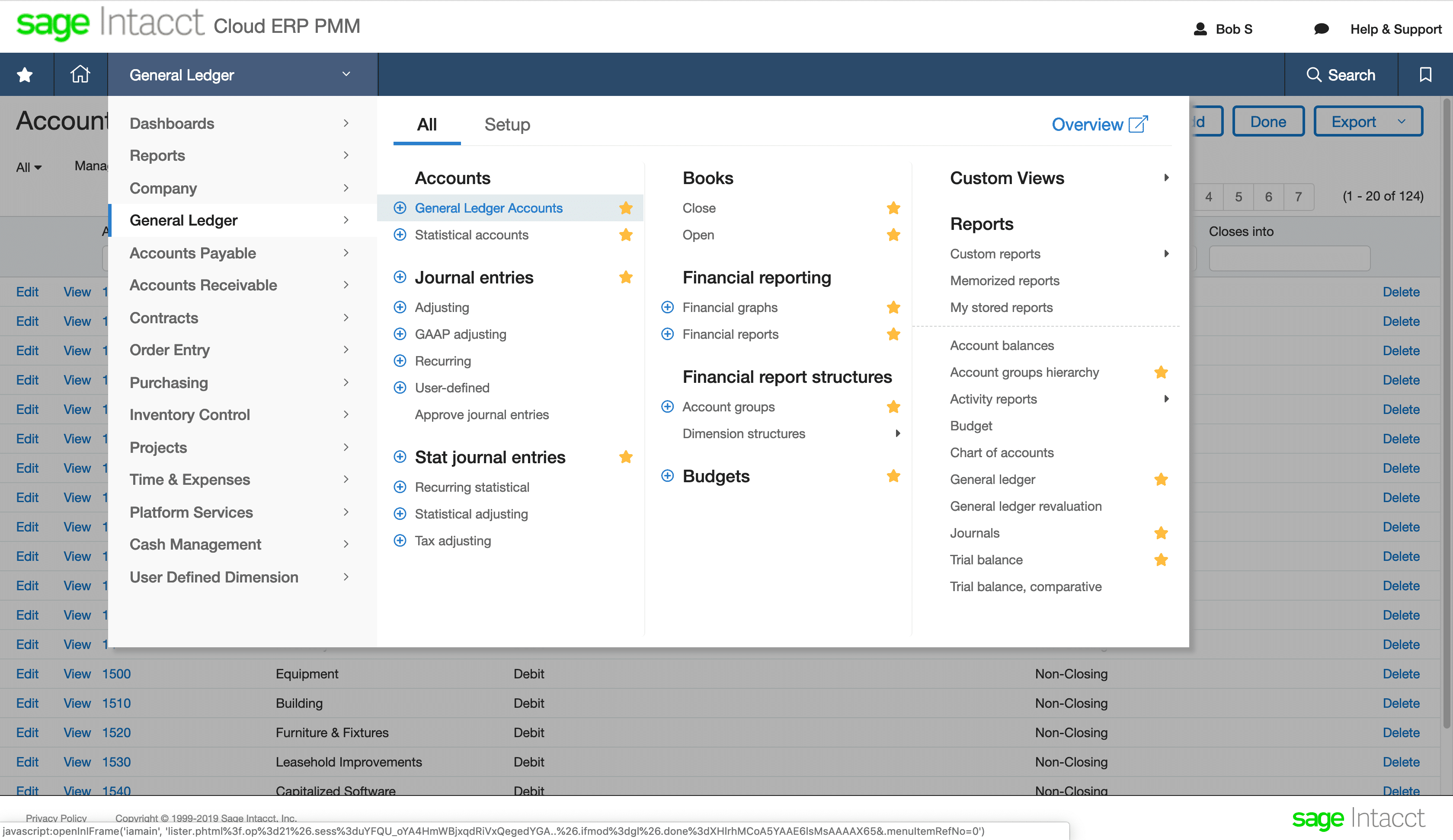 Sage Intacct's general ledger navigation screen