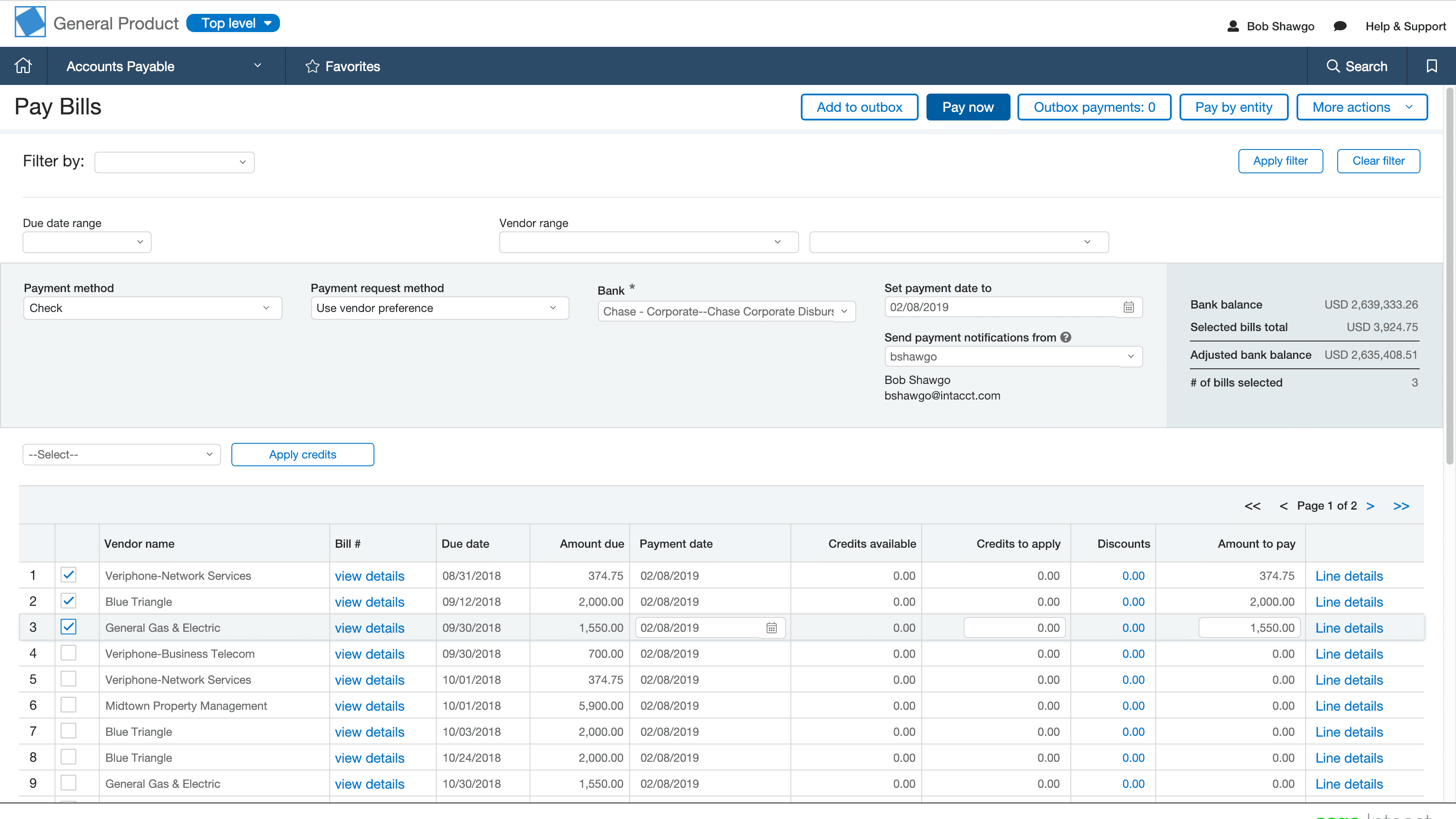 Sage Intacct's accounts payable screen