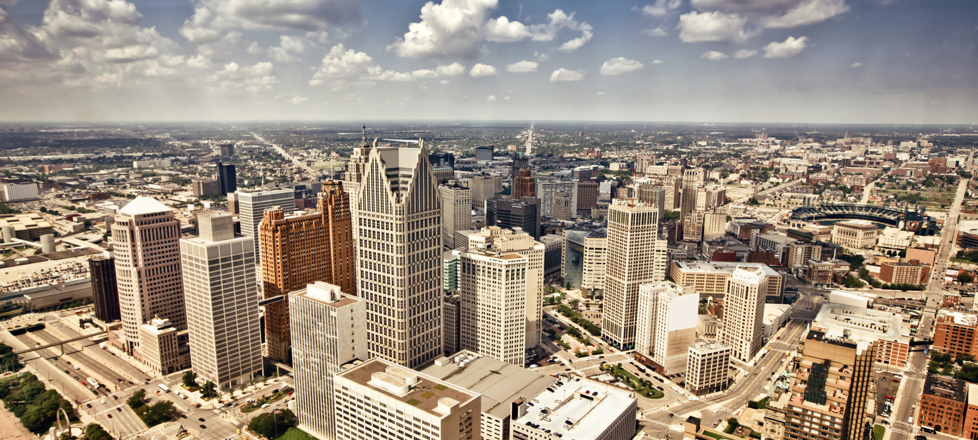 Aerial view of downtown Detroit, MI - one city with income tax requirement