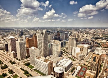 Aerial view of downtown Detroit, MI - one city with income tax requirement