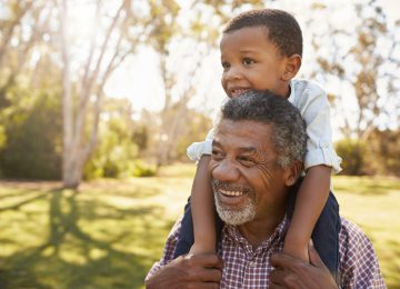 Image of grandfather carrying grandson on shoulders through park - dependent